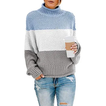 

Women Fashion Solid Color Patchwork Tops Casual Long Sleeve Knit Pullover Sweater Female Turtleneck Sweater