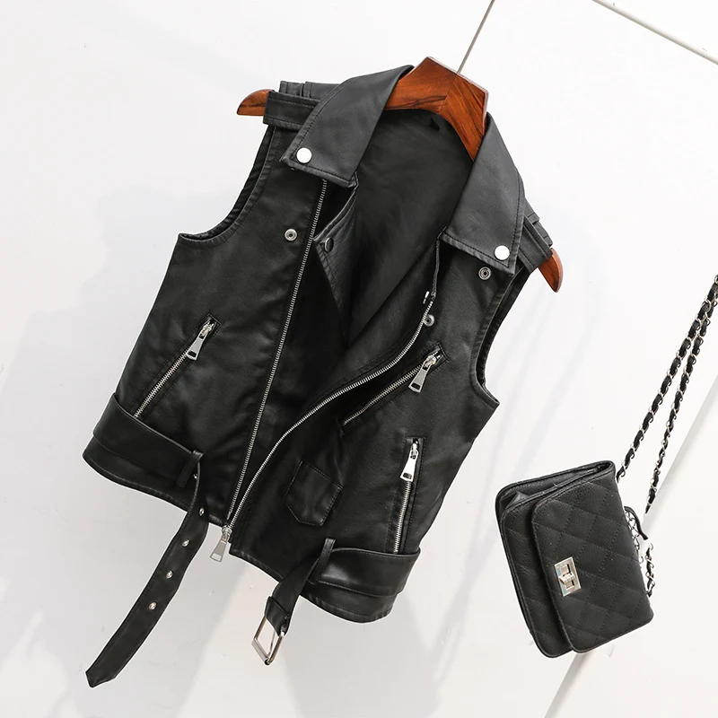 Plus Size Spring Autumn Black Leather Vest Jacket Women New Large-Size Leather Coat Female Short Sleeveless Vest Pu Jackets Coat