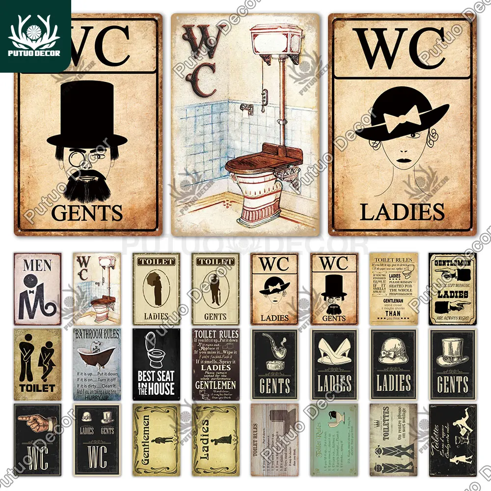 

Putuo Decor Toilet Sign Vintage Funny Metal Tin Sign WC Lavatory Toilettes Wall Art Bathroom Restroom Toilet Wall Decoration