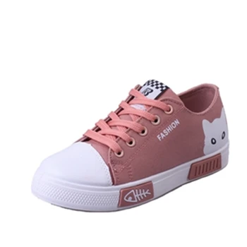 

Cute Animal Women's flat canvas shoes 2018 new summer white lace cartoon student board ladies shoes casual sneakers Comfortable
