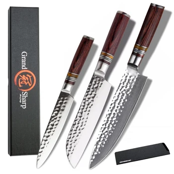 

GRANDSHARP 3Pcs Knife Set vg10 Japanese Damascus Kitchen Knives Chef Santoku Utility Cooking tools Cleaver Slicing Chopping Gift