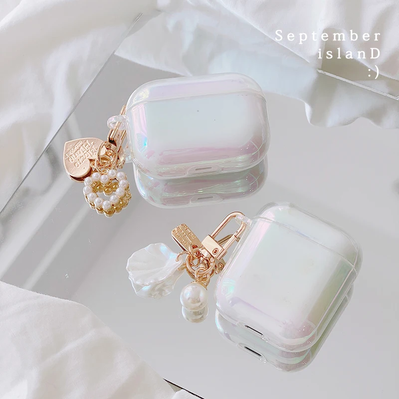 Rainbow Transparent keychain shell lovely Headphone Earphone hard case for airpods 1 2 pro Wireless Headset Accessories cover |