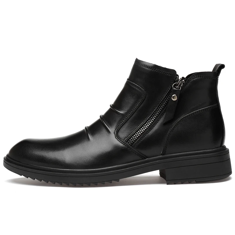 KATESEN men boots autumn winter plush warm leather all season work shoes men's fashion ankle boots plus fur black plus size 48