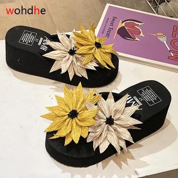 

wohdhe Hand made DIY Non-slip Platform High Heels 6cm Flip Flops Flower Summer Beach Slippers High Quality Women 's Shales