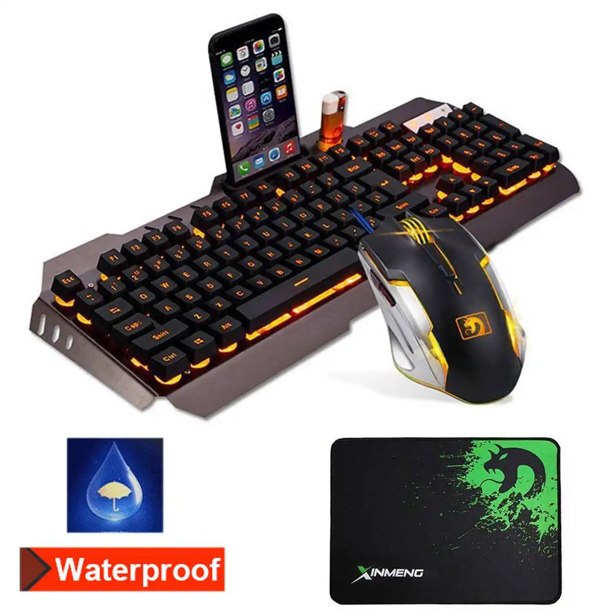 Игровая клавиатура мышь Combos механический Feel светодиодный Подсветка USB геймер ноутбук игровой набор с коврик для мыши - Цвет: Черный