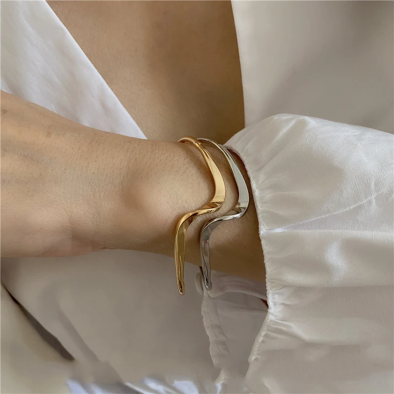 Peri'sBox Gold Silver Color Adjustable Irregular Smooth Wave Bracelet Unusual Minimalist Trendy Bracelets For Women Jewelry 2020 - Image 3