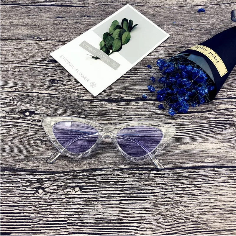 Clear Purple Сексуальные солнцезащитные очки "кошачий глаз" для женщин, фирменный дизайн, зеркальные, черные, треугольные, солнцезащитные очки, женские линзы, оттенки для женщин, очки UV400 - Цвет линз: Clear Purple
