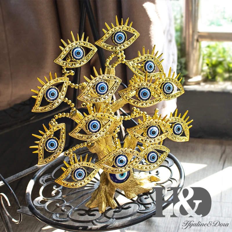 Фигурка золотого дерева из смолы H& D с голубыми злобными глазами, украшение на удачу, украшение для дома, деньги, Фортуна, защита богатства, подарок на удачу, декор Фэншуй Люли
