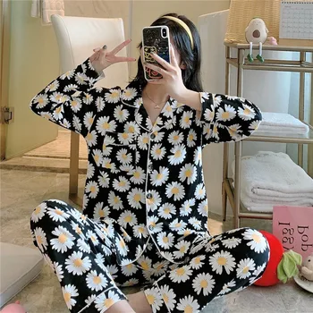

Autumn Cotton Pajamas Set for Women Pyjamas Sleepwear Loose Long sleeve Pijama Mujer Home Clothes Long Pants Night suit 2pcs