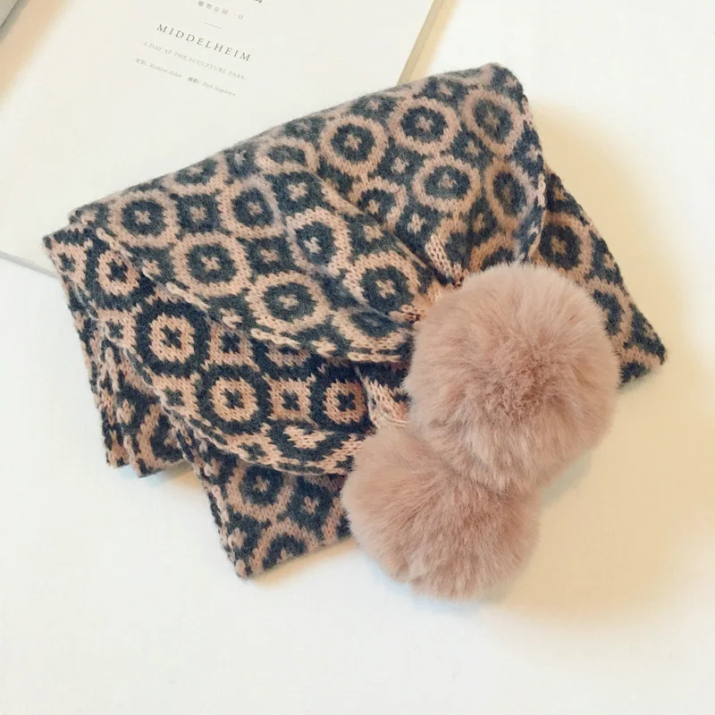 pink and gray Korean Fashion Vintage Floral Print Winter Scarf Children Fur Ball Cute Knitting Warm Snood Children Neck Scarf Streetwear Shawl - Цвет: pink and gray