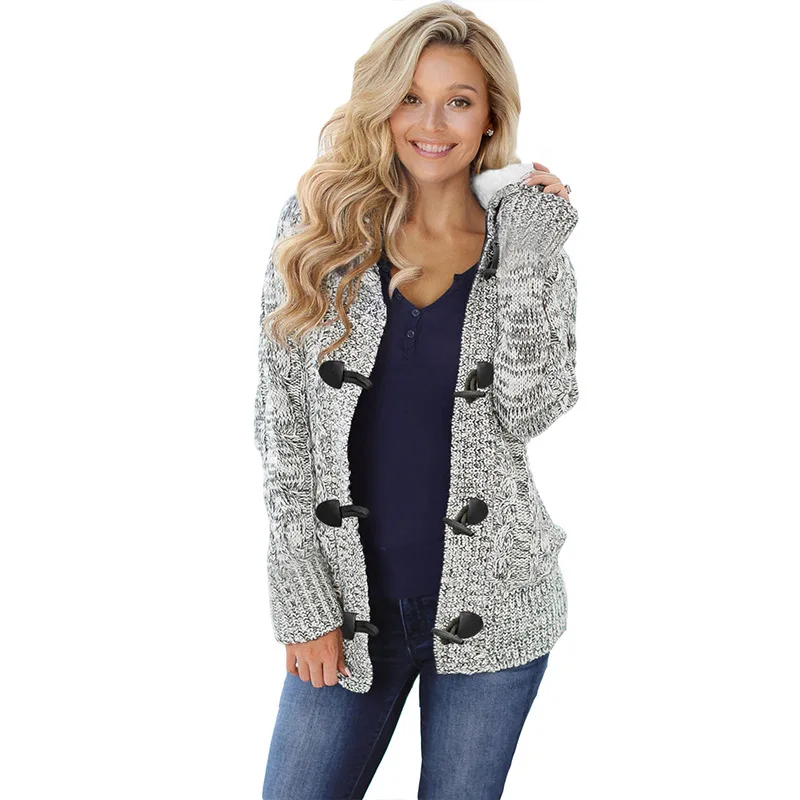 

Women Cardigan Sweater Autumn Winter Long Sleeve Knitted Solid Color Ribbed Hoodied Jacket Loose Ladies Warm Clothes