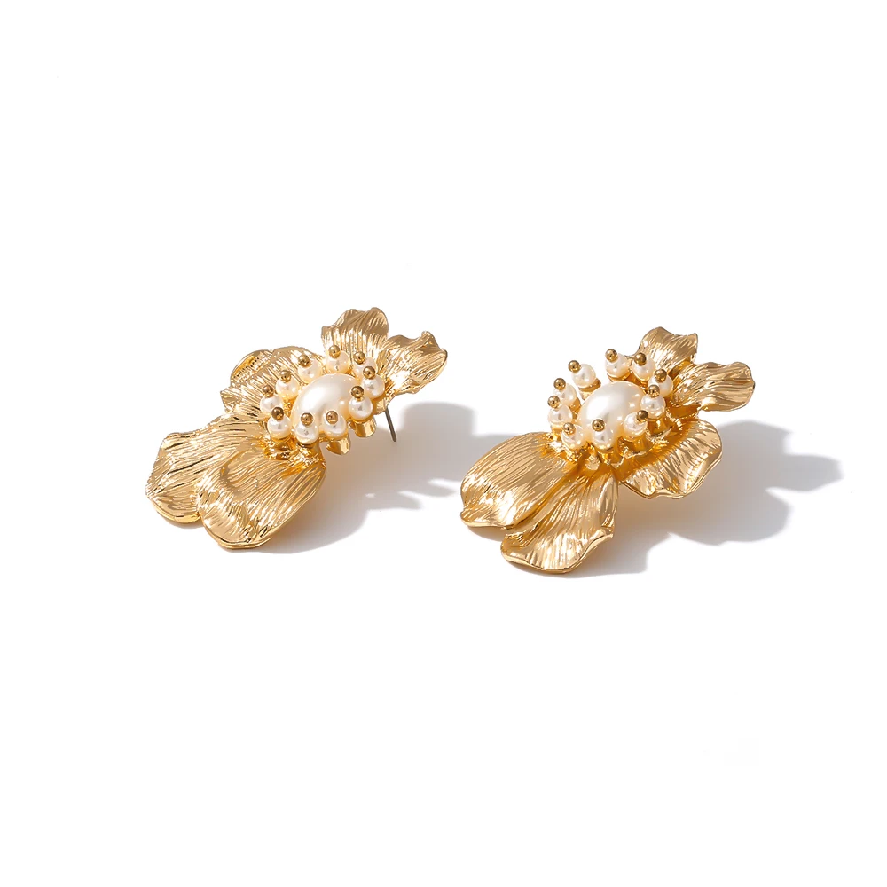 Yhpup Brand Imitation Pearls Stud Earrings Zinc Alloy Flower Plant Earrings Temperament Charm Metal Jewelry for Female Party