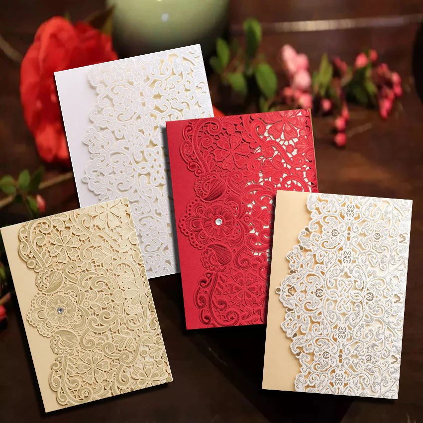 10pcs Elegant Laser Cut Bridal Favor Wedding Invitations Card Lace Pocket Customize Invites Card Printing Engagement Party Decor