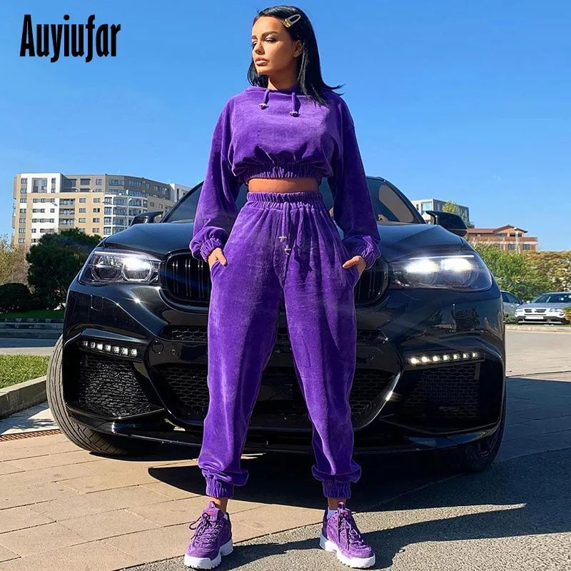

Auyiufar Women's Velvet Pants Sets Hoodie Cropped Tops and Hight Waist Long Pants Women Suits Fashion Female Winter Sport Suits