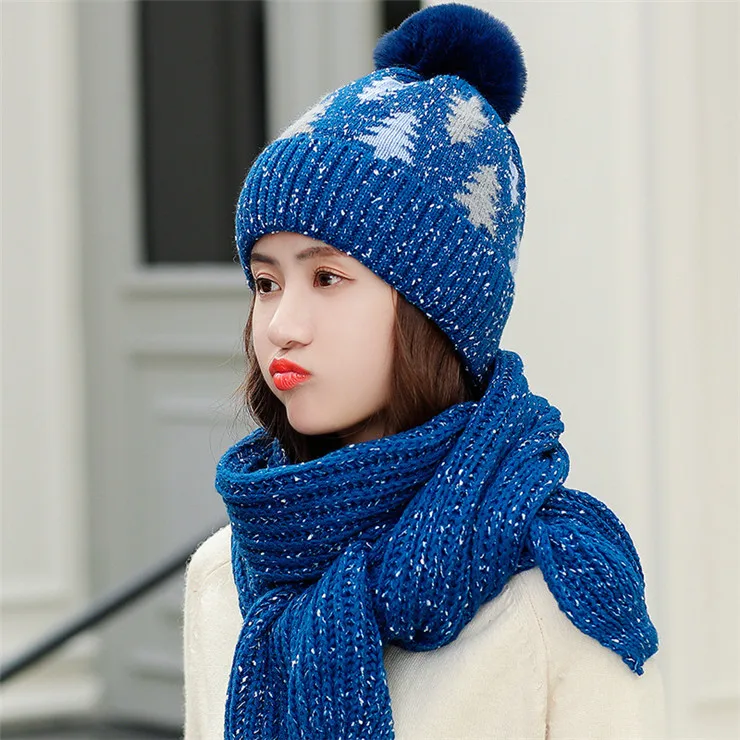 Женский комплект из 2 предметов, новая зимняя шапка и шарф, комплект для девочек, бархатная Толстая теплая шапка, женская зимняя повседневная ветрозащитная вязаная шапка - Цвет: blue set