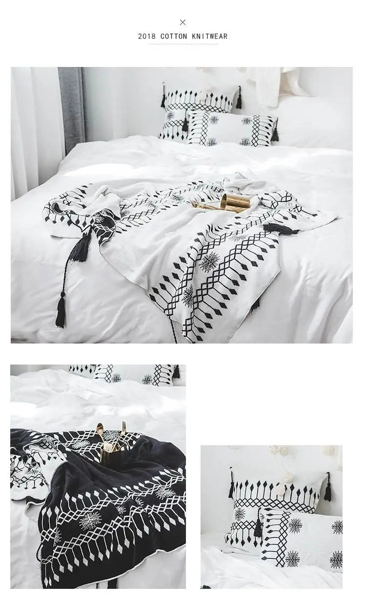 Новое вязаное одеяло, чехлы и подушки, чехол для спинки, Скандинавское мягкое простое черно-белое одеяло с кисточками без ядра, домашнее