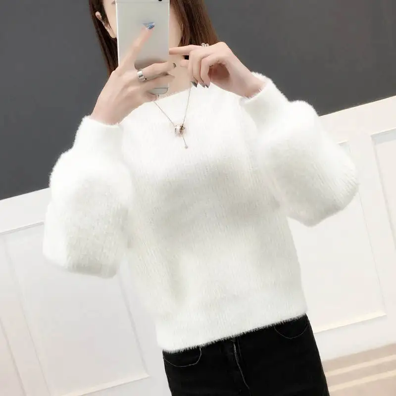 white o-neck Модный короткий пуловер из мохера, свитер для женщин, длинный рукав, водолазка, вязаный свитер, Pull Femme Hiver, женские свитера, джемпер C5999 - Цвет: white o-neck