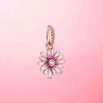 

JrSr New 100% 925 Sterling Silver CZ Beads Pink Daisy Flower Dangle Charms fit Original Pandora Bracelets Women DIY Jewelry gift