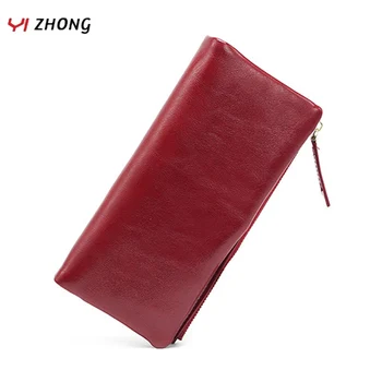 

YIZHONG Soft Luxury Designer Wallets Long Oil Wax Leather Wallet Zipper Phone Pocket Purses Female Multifunction Clutch Purse