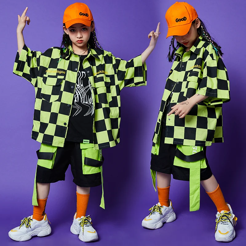

Girls Jazz Dancing Outfits Teenage Clothing Green Plaid Shirt Loose Shorts Suit Children Modern Hip Hop Dance Costumes DQS5028