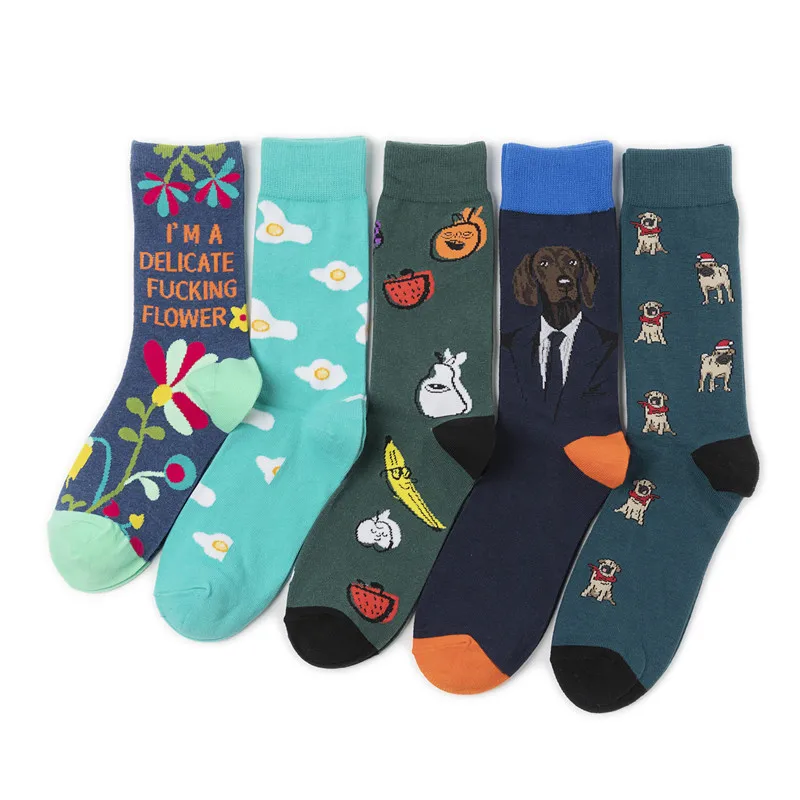 

Blue Sock Mens Long Adult Happy Men's Standard Sox Dog Cartoon Banana Patchwork Design Socks Eggcotton Autumn Men Hip Hop Meias