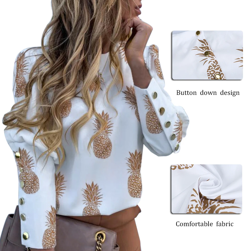 Женские топы с длинными рукавами и принтом ананаса Элегантные новые блузки