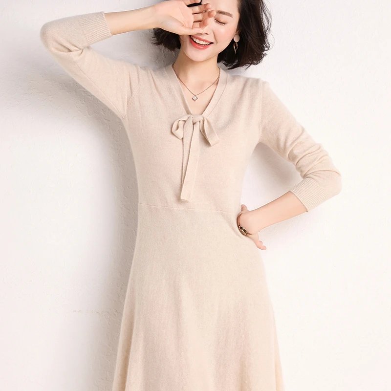 

women elegant midi 100% Cashmere sweater dress 2019 autumn winter v neck elastic ladies long sleeve vintage soft dress