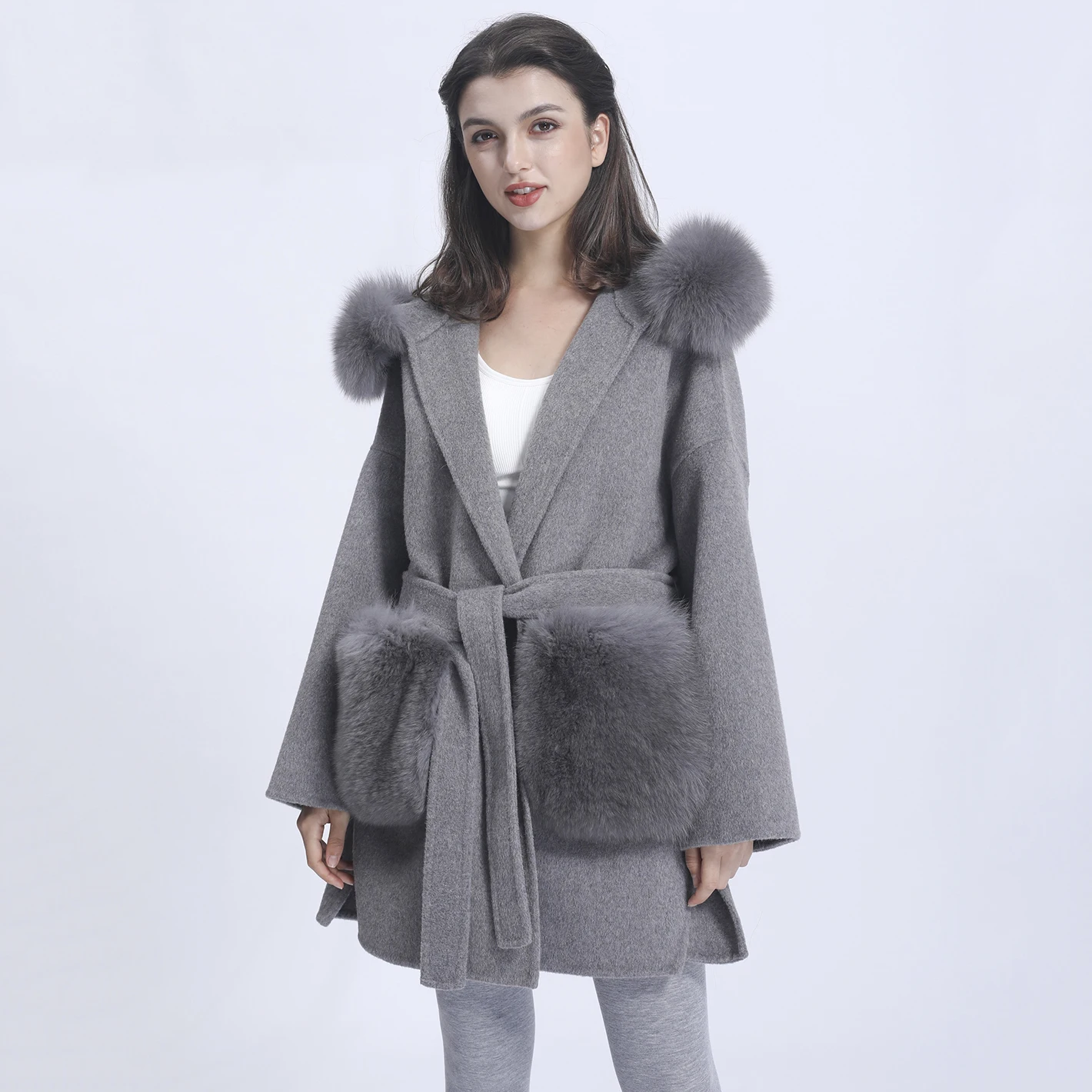 MISSJANEFUR Cashmere Coat Women Fashion Caual Fur Trim Hood Wool Jacket With Big Fox Fur Pockets Loose Belted Coat Women