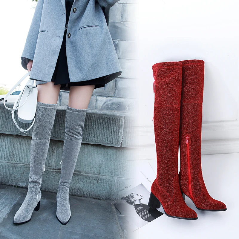 Sgesvier Size 34-43 Women Winter High Boots Warm Fur Women High Boots Silver Blue Strength Over the Knee Boots thick heel