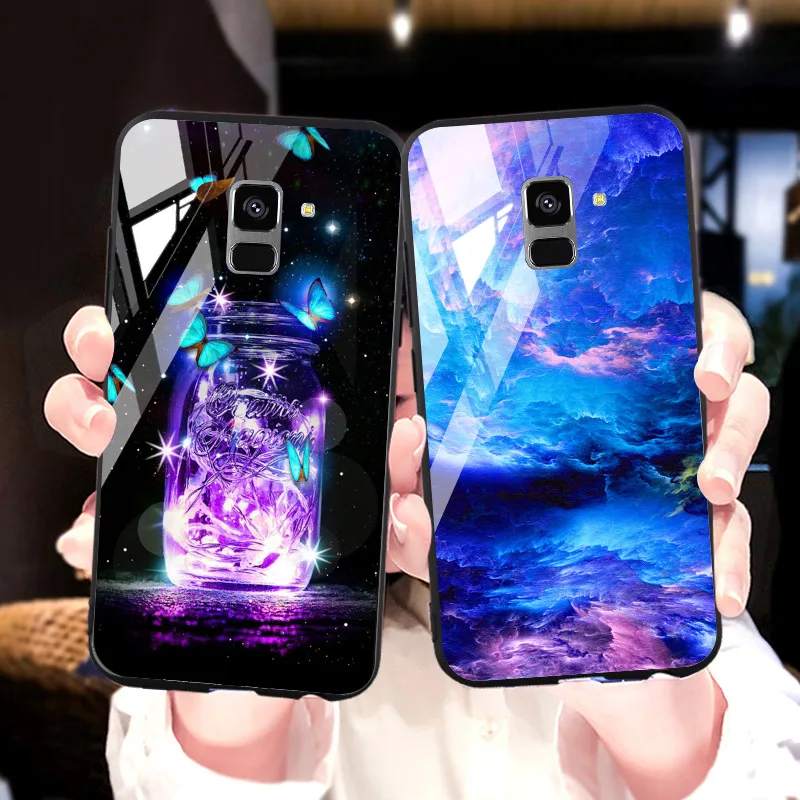 Luxury Tempered Glass phone Case For samsung galaxy J4 J6 J8 2018 Silicone cases A7 2019 A6 plus Covers |