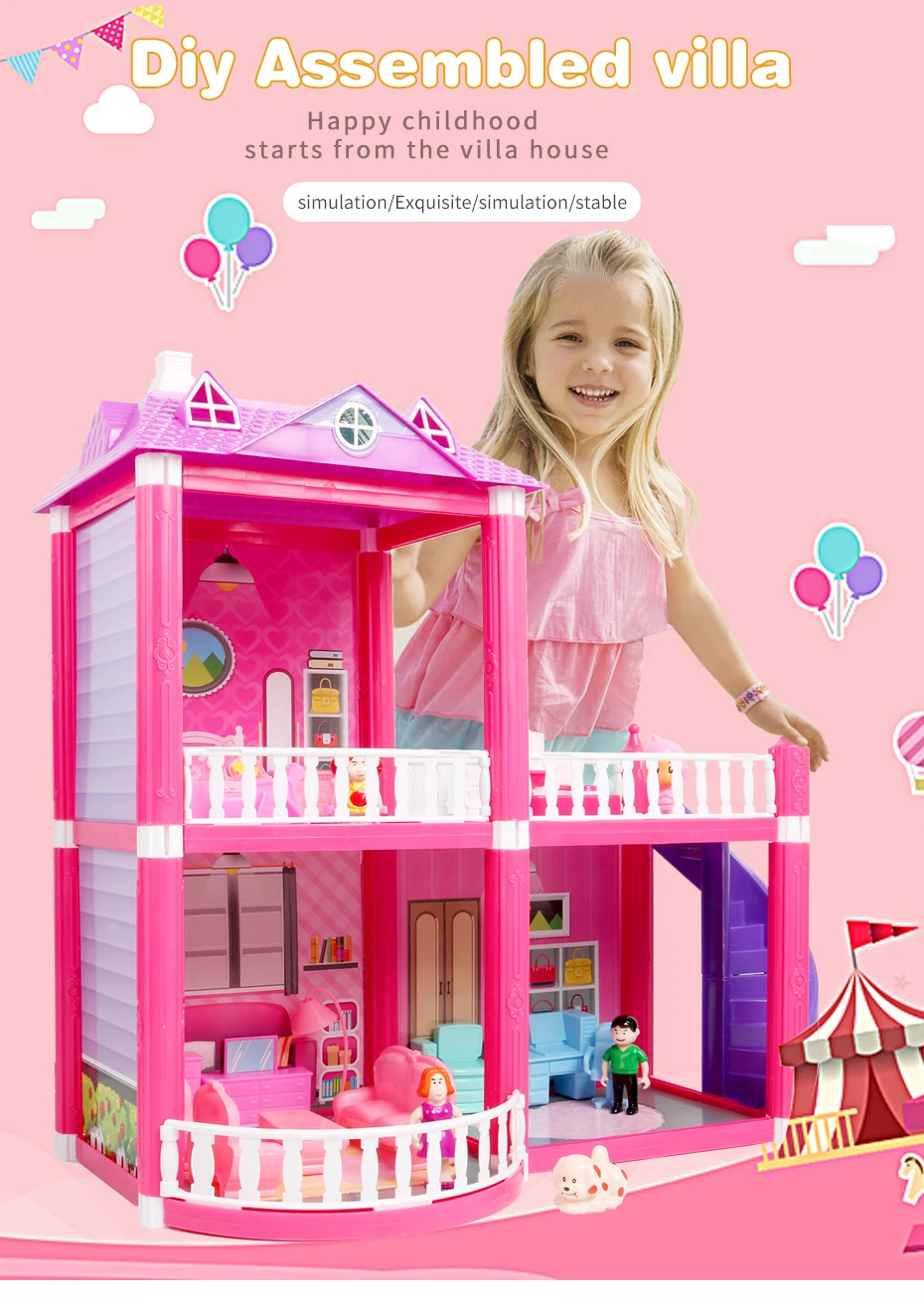 Детские DIY Кукольный дом игрушки розовый собрать принцесса вилла ручной работы строительство Каса миниатюрная мебель кукольный домик для детей подарок