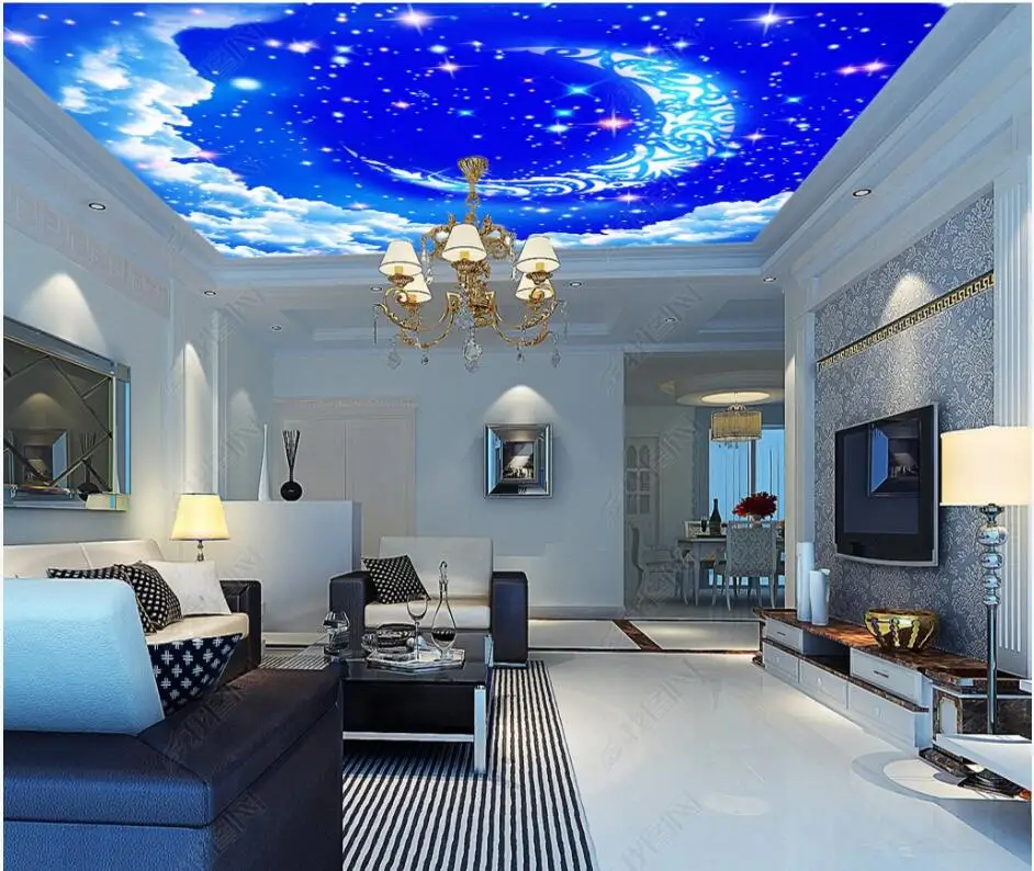 

3d wallpaper custom photo Dreamy sky moon blue sky and white clouds ceiling mural 3d wall murals wallpaper for living room