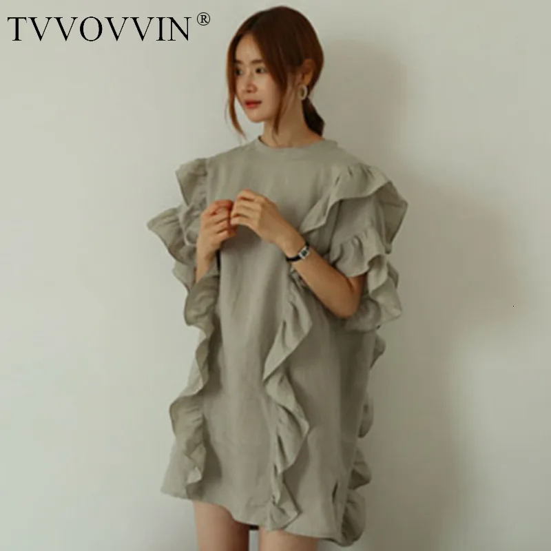 TVVOVVIN/ новое летнее женское платье в Корейском стиле, свободное женское платье большого размера с коротким рукавом из хлопка и льна, женская одежда C112