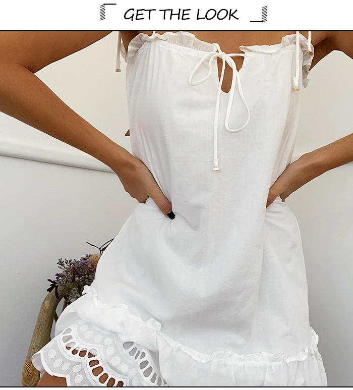 SINRGAN Boho летнее платье, женское элегантное Кружевное белое мини-платье на бретельках, открытое пляжное платье, летнее Новое пляжное платье