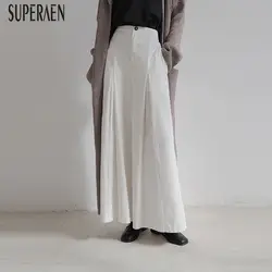 SuperAen/Европейские однотонные хлопковые широкие брюки, женские 2019 повседневные осенние новые повседневные женские штаны с высокой талией