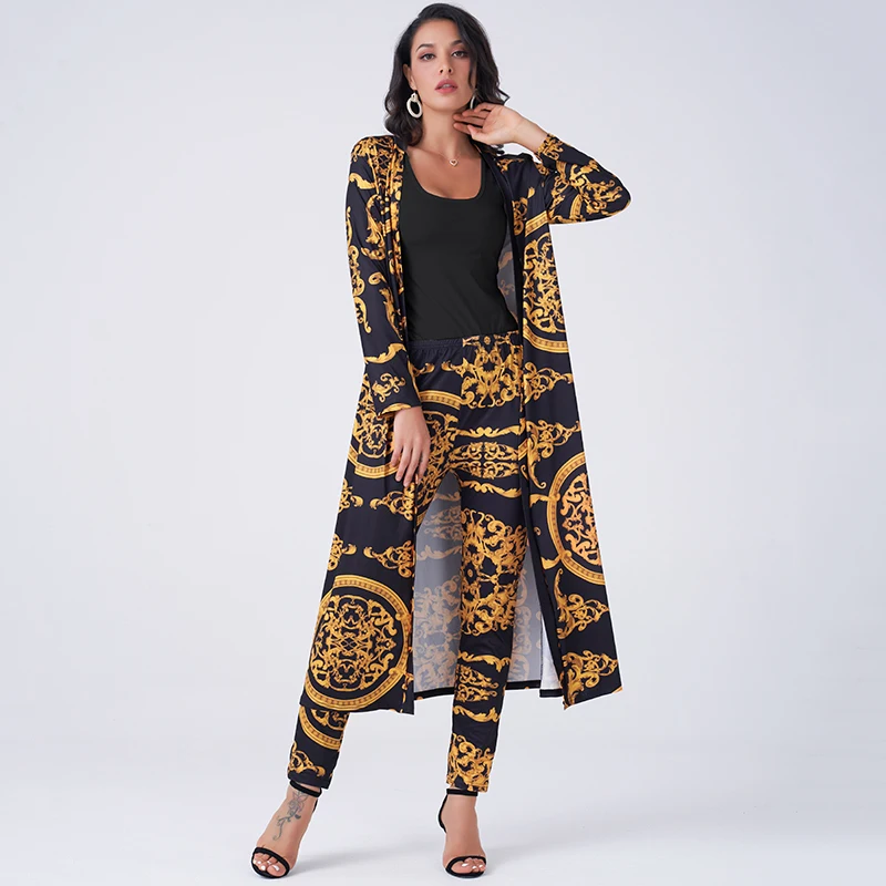 Conjunto Vintage de 2 piezas para mujer, pantalones elásticos de cintura alta con estampado de Palazoo, abrigo abierto por delante, traje de negocios para el hogar