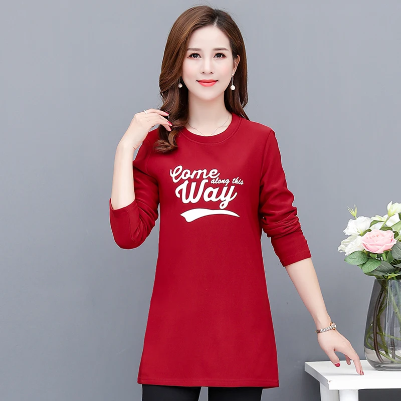 

Woman Thick Fleece Liner Blouse Autumn Winter Warm Soft Cotton Blend Tops Women Red Black Caramel Letter Pattern O-neck Shirts