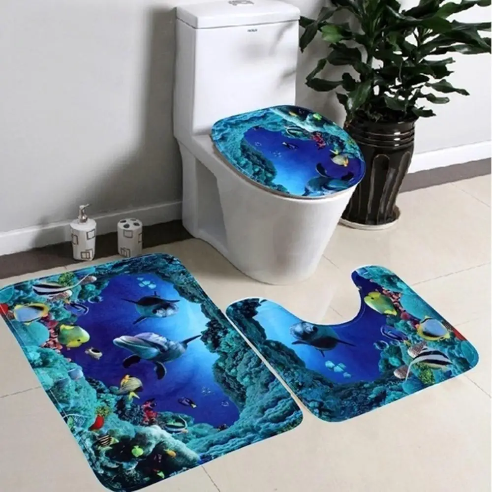 

Hot Sale 3Pcs/Set Bathroom Non-Slip Carpet Mat Rug Blue Ocean Parttern Water Absorption Rug Toilet Cover Bathroom Mat Doormats