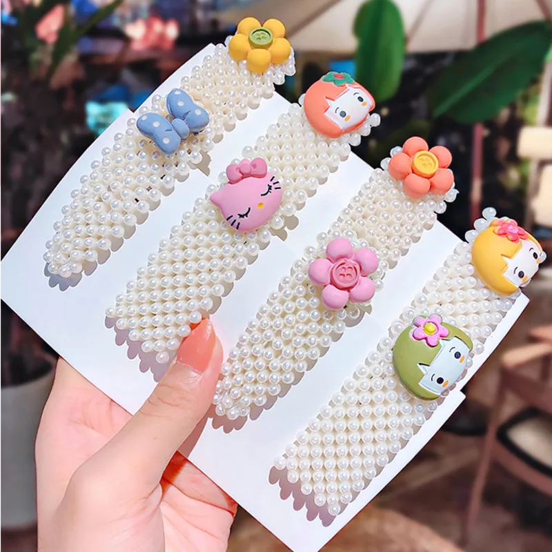 

[Xwen] 4 Pieces/set 2020 New Pearls Lovely Children Hairpin Cartoon Side Clip Floral Hair Ornament Girl Flower Headdress WEA0019