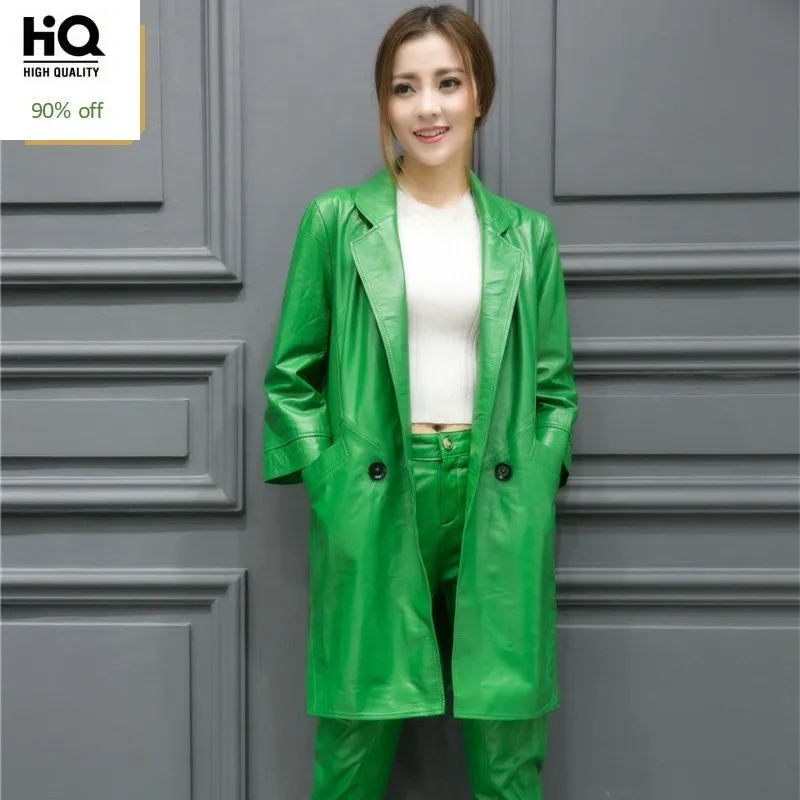 

2020 New Genuine Leather Jacket Women Sheepskin Green Office Lady Long Trench Coat Streetwear Vintage Real Leather Coat Fashion