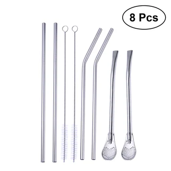 

8 Pcs Stainless Steel Spoon Straw Set Washable Straw Spoons for Juice Dessert Milk
