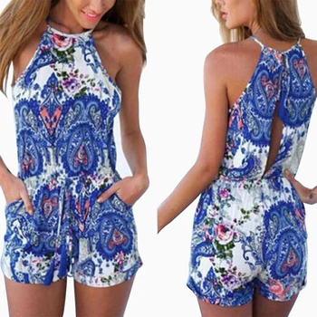 

Fashion Womens Ladies Stylish Printing Sexy Halter Neck Sleeveless Boho Summer Casual Jumpsuit Playsuit Short Rompers Beachwear