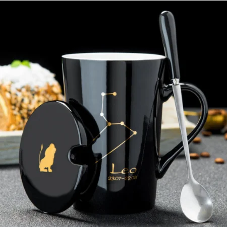 Leo-Black 12 созвездий креативные керамические кружки с ложкой Крышкой Золотой фарфор Зодиак молоко кофе чашка 420 мл воды посуда для напитков B005 - Цвет: Leo-Black