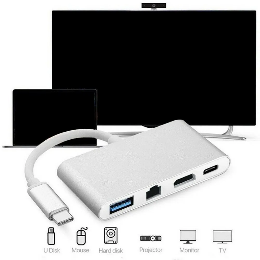 4 в 1 type-C к HDMI 4K+ RJ45 Gigabit Ethernet USB 3,1 type C концентратор переходник Разветвитель USB C для MacBook Pro HDTV