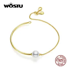 WOSTU подлинный 925 пробы браслет с серебряным жемчугом Новое поступление золотой цвет регулируемый CZ браслет ювелирные изделия CTB019