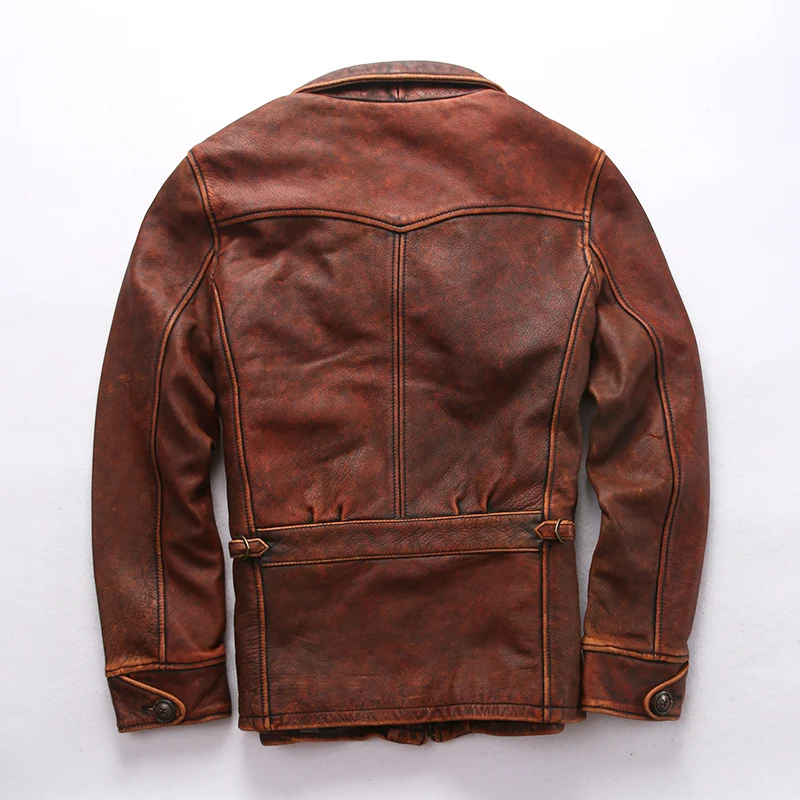 AVFLY, новинка, Мужская винтажная коричневая мотоциклетная куртка из натуральной кожи, настоящая Толстая воловья кожа, облегающая Кожаная Байкерская зимняя куртка