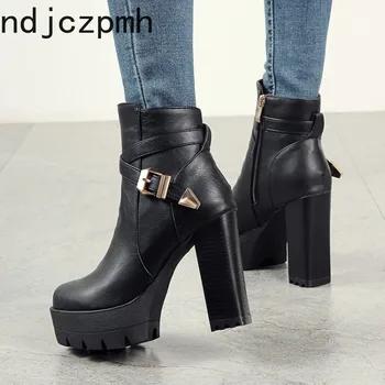 

Martin Boots New Autumn and Winter Belt Buckle Round Head Zipper High Heel Short Tube Women's Shoes Plus Size 33-43 11cm High