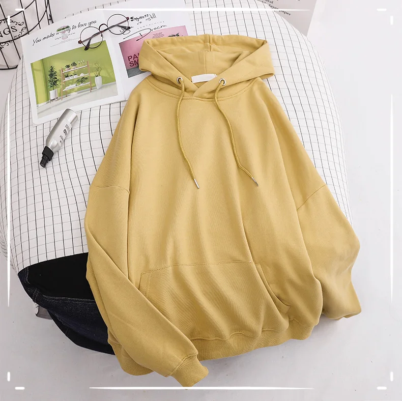 Tender yellow Shellsuning/10 цветов, базовая Хлопковая женская толстовка с капюшоном, осенняя однотонная мягкая плотная Толстовка большого размера, повседневный пуловер, универсальный топ - Цвет: Tender yellow
