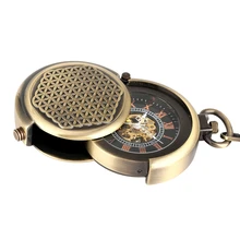 Retro Antique Hollow Cover Unique Double Turntable Capping Hand-Winding Mechanical Pocket Watch Men Steampunk Bronze 30cm Chain