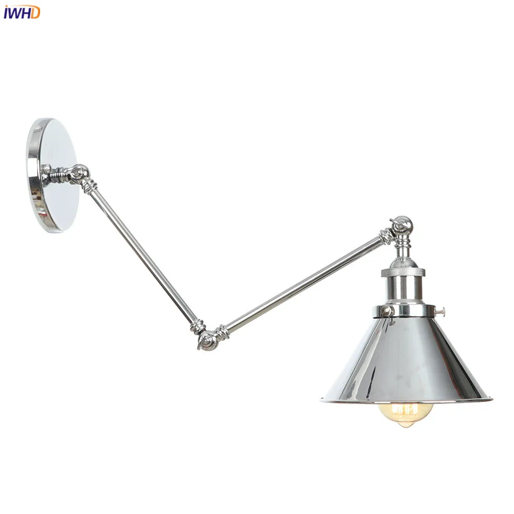 IWHD Loft Decor Indsutrial Wall Sconce Bedroom Stair Mirror Light Silver Long Arm Vintage Wall Lamp Applique Murale Luminaria